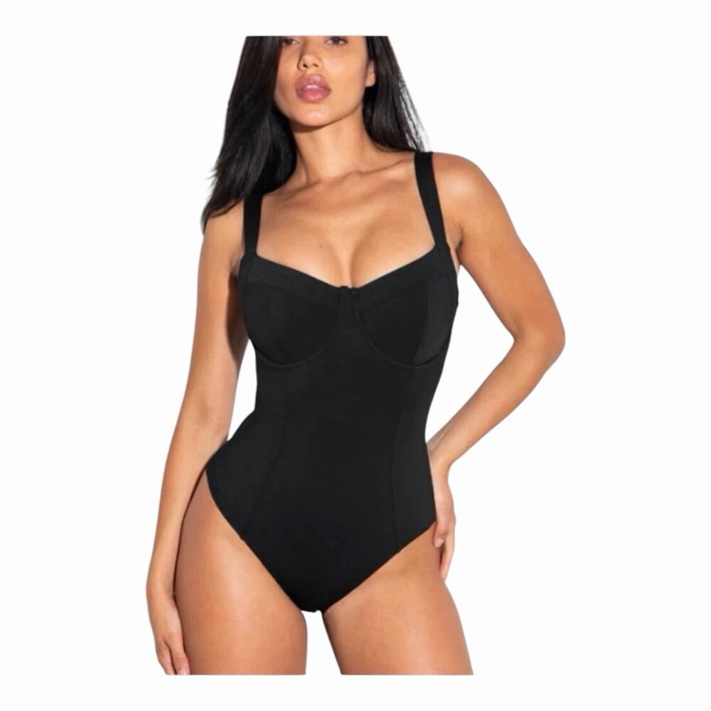 TA3 Lifty One Piece Swimsuit Black Corset Sculpting Lace Back Size Small NWT